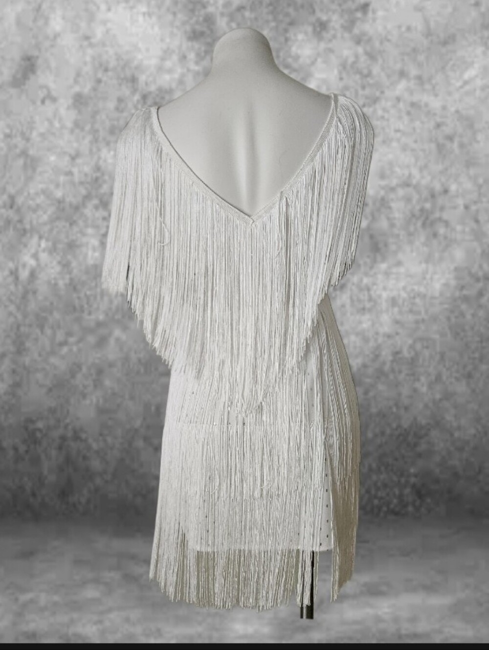 White Fringe Shift Dress with Scoop Neck Siver Specks M - Picture 5 of 7